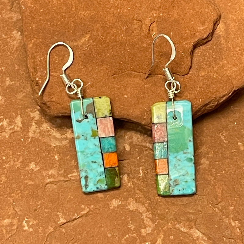 Mary Tafoya, Kewa (Santo Domingo) Pueblo, Native American Turquoise Mosaic Dangle Earrings   (5/235)