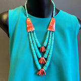 Lupe Lovato, Santo Domingo 3 strand turquoise and spiny oyster shell waterfall style necklace (4/26)