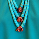Lupe Lovato, Santo Domingo 3 strand turquoise and spiny oyster shell waterfall style necklace (4/26)