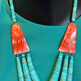 Lupe Lovato, Santo Domingo 3 strand turquoise and spiny oyster shell waterfall style necklace (4/26)