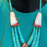 Lupe Lovato, Santo Domingo 3 strand turquoise and spiny oyster shell waterfall style necklace (4/26)