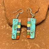 Mary Tafoya, Kewa (Santo Domingo) Pueblo, Native American Turquoise Mosaic Dangle Earrings   (5/242)