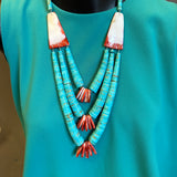 Lupe Lovato, Santo Domingo 3 strand turquoise and spiny oyster shell waterfall style necklace (4/26)
