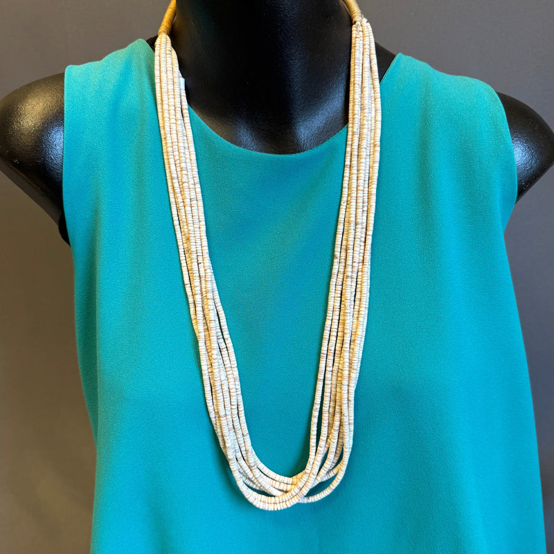 Juan Cate, Santo Domingo olive shell 8 strand heishe necklace with traditional neck wrap (NLJ18)