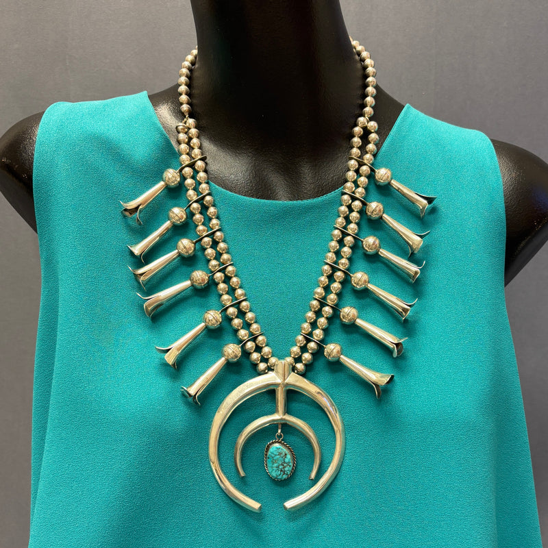 Genuine Vintage Navajo Squash Blossom Necklace with Tufa Cast Naja and Turquoise Stone   (JF2)