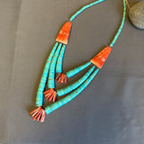 Lupe Lovato, Santo Domingo 3 strand turquoise and spiny oyster shell waterfall style necklace (4/26)
