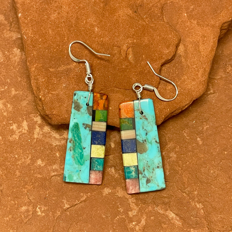 Mary Tafoya, Kewa (Santo Domingo) Pueblo, Native American Turquoise Mosaic Dangle Earrings   (5/231)