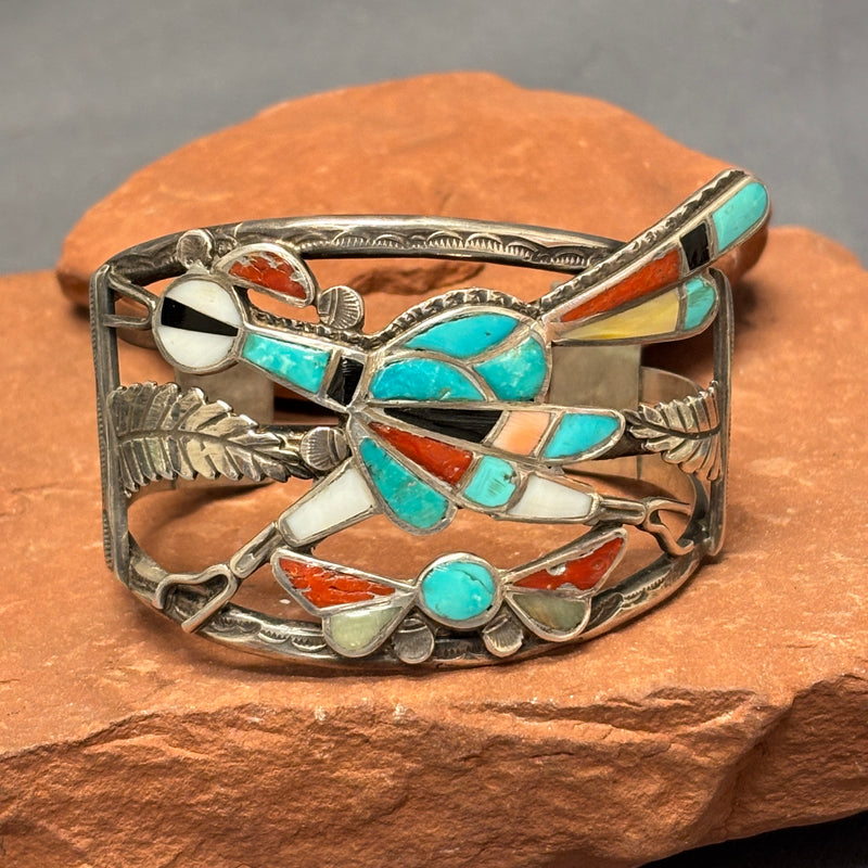 Authentic Zuni Sterling Silver Bracelet with Inlay Roadrunner Design, vintage  (JF271)