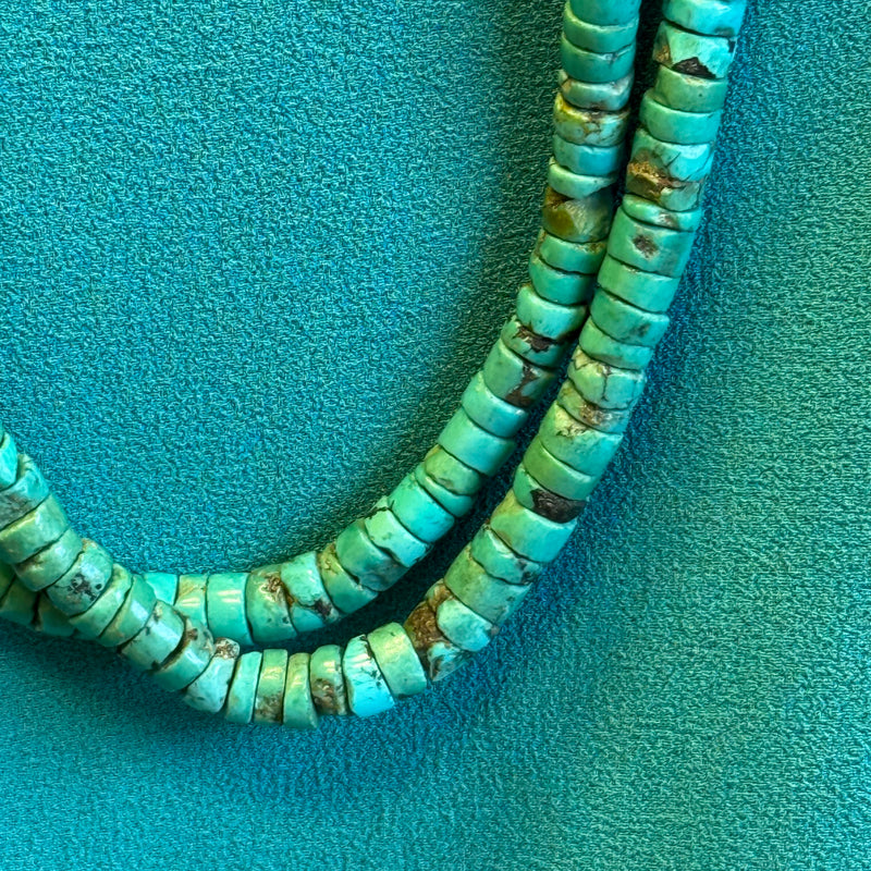 Vintage hand cut turquoise double strand beaded necklace with traditional wrap - ca. 1950s (5/67)