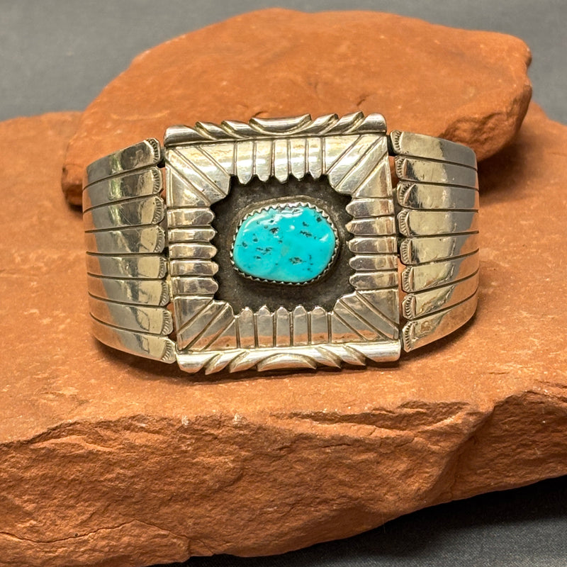 Genuine Navajo Sterling Silver Shadowbox Cuff with Turquoise Stone, vintage  (JF24)