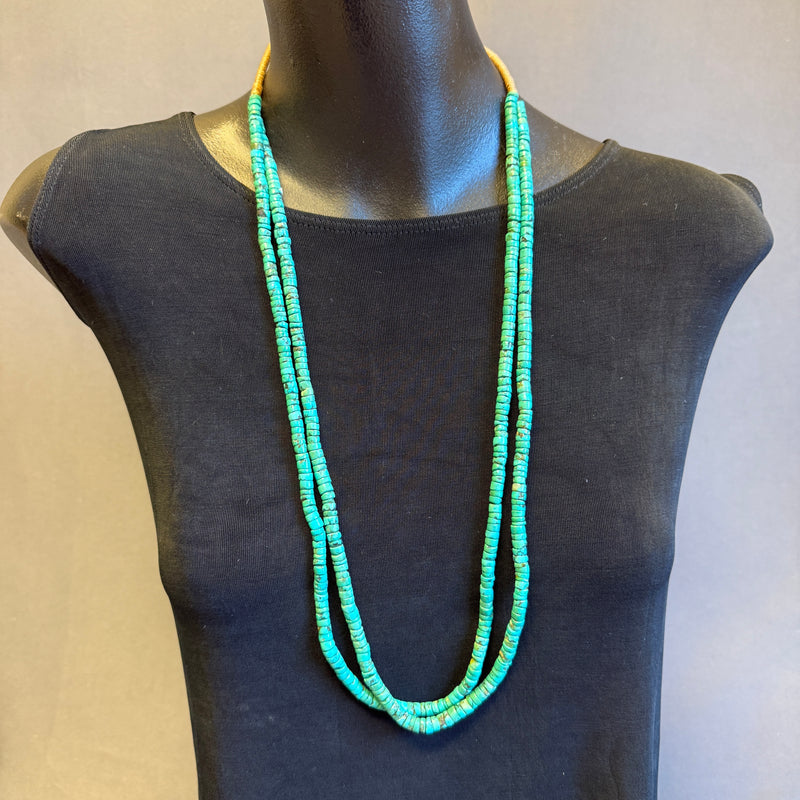 Vintage hand cut turquoise double strand beaded necklace with traditional wrap - ca. 1950s (5/67)