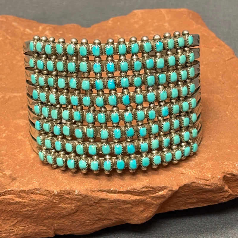Vintage 8 ROW Zuni Petitpoint Cuff Bracelet with blue/greenTurquoise and Sterling Silver (JF124)