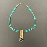 Mary Louise Tafoya, Kewa (Santo Domingo) Pueblo Multi-Stone Mosaic Pendant on Double-Strand Turquoise Necklace (5/255)