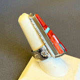 David Tune, Navajo sterling silver & cobblestone inlay ring with red and peach coral and turquoise. Authentic Navajo (5/65)