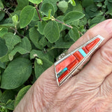 David Tune, Navajo sterling silver & cobblestone inlay ring with red and peach coral and turquoise. Authentic Navajo (5/65)