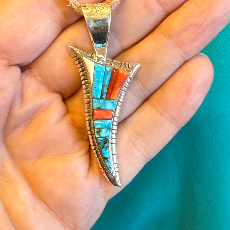 David Tune, Navajo sterling silver & cobblestone inlay pendant with red coral and turquoise and ivory. Authentic Navajo (5/64)