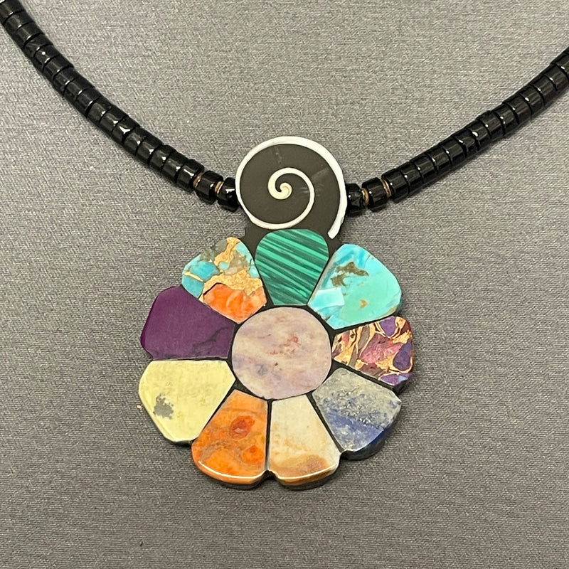 Mary Louise Tafoya, Kewa (Santo Domingo) Pueblo Multi-Stone Mosaic Flower Pendant on Jet Necklace (5/253)