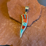 David Tune, Navajo sterling silver & cobblestone inlay pendant with red coral and turquoise. Authentic Navajo (5/63)