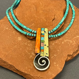 Mary Louise Tafoya, Kewa (Santo Domingo) Pueblo Multi-Stone Mosaic Pendant on Double-Strand Turquoise Necklace (5/255)