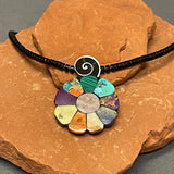 Mary Louise Tafoya, Kewa (Santo Domingo) Pueblo Multi-Stone Mosaic Flower Pendant on Jet Necklace (5/253)