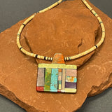 Mary Louise Tafoya, Kewa (Santo Domingo) Pueblo Multi-Stone Mosaic Pendant on Melon Shell  Bead Necklace (5/251)