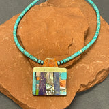 Mary Louise Tafoya, Kewa (Santo Domingo) Pueblo Multi-Stone Mosaic Pendant on Turquoise Rolled Bead Necklace (5/252)