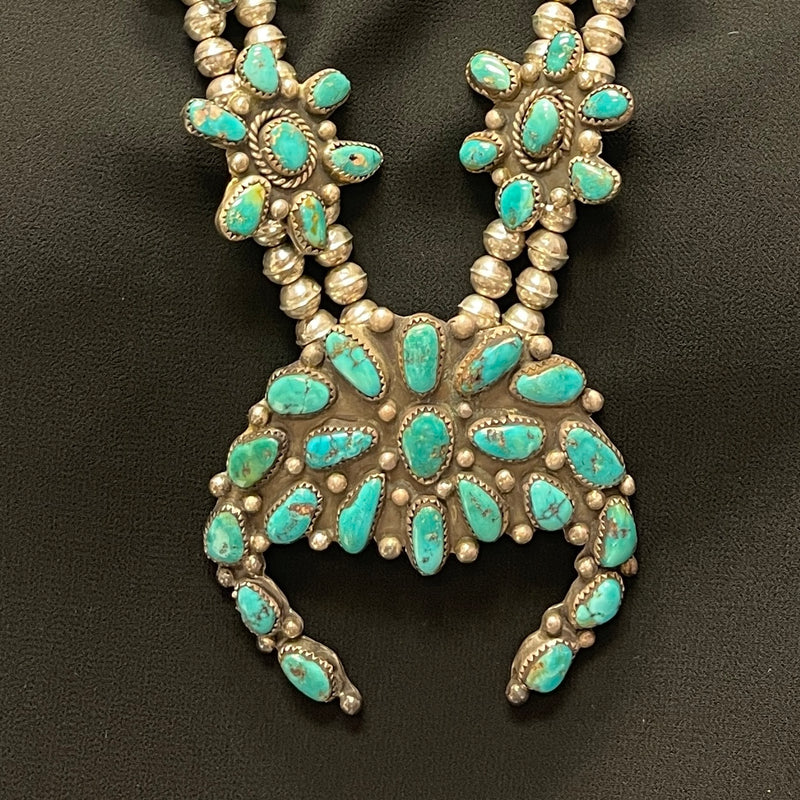Authentic Navajo Turquoise Cluster Blossom Necklace on Sterling Silver Beads, vintage   (GSP5)