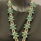 Authentic Navajo Turquoise Cluster Blossom Necklace on Sterling Silver Beads, vintage   (GSP5)