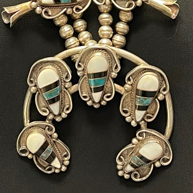 Genuine Vintage Navajo Flush Inlay Squash Blossom Necklace with Matching Earrings    (GSP15)