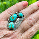 Vintage Navajo 3-stone Turquoise and Sterling Silver Ring-size 9 by Ted Brea (BH16)