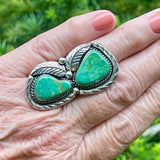 Authentic Navajo Ring with Green Turquoise and Leaf Design, vintage-size 8.  (BH30)