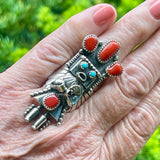 Authentic Navajo Sterling Silver Kachina Ring with Coral and Turquoise Stones, vintage-size 8.5   (BH17)