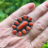 Vintage Navajo Sterling Silver and Coral Cluster Ring-size 8   (BH9)