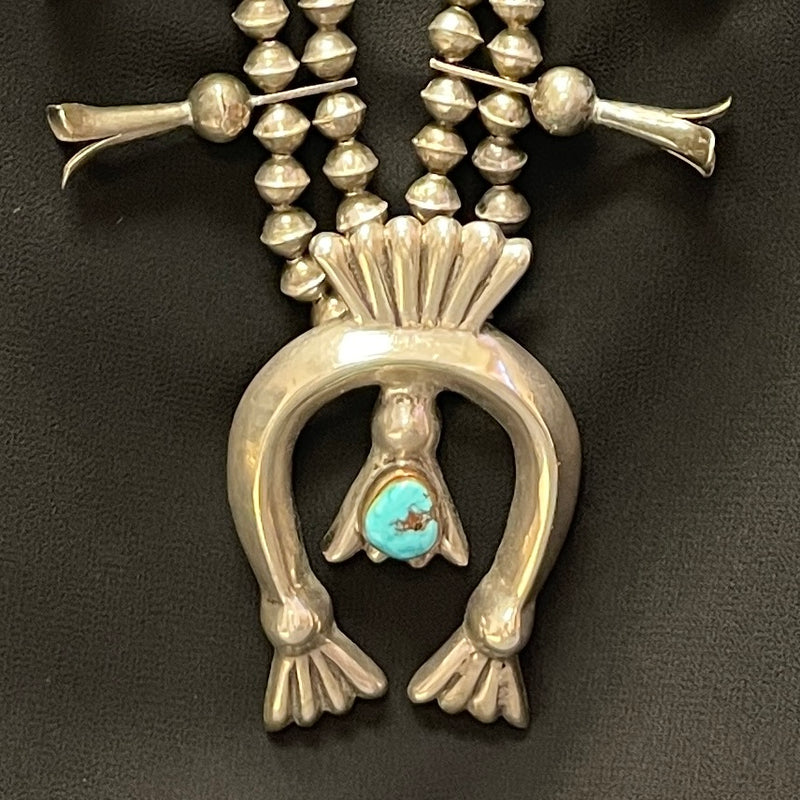 Vintage Silver Navajo Squash Blossom Necklace with Turquoise + handmade beads (5/260)