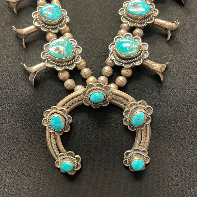 Vintage Navajo Squash Blossom Necklace with Turquoise Stones, authentic Native American  (GSP4)