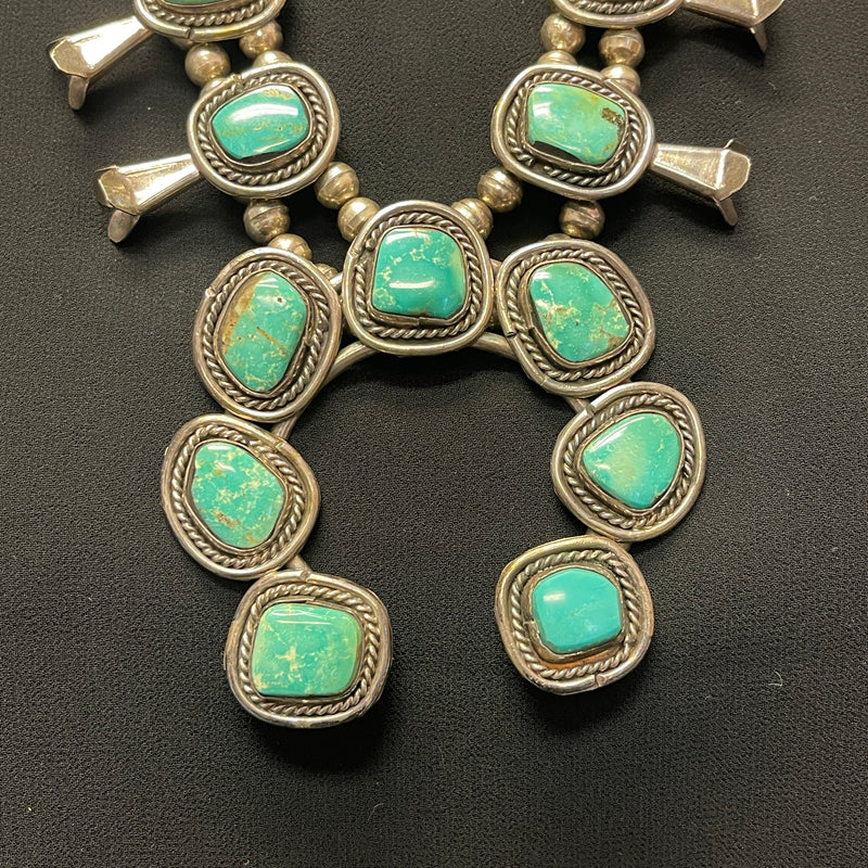 Vintage Navajo Turquoise and Sterling Silver Squash Blossom Necklace, authentic Native American  (GSP2)