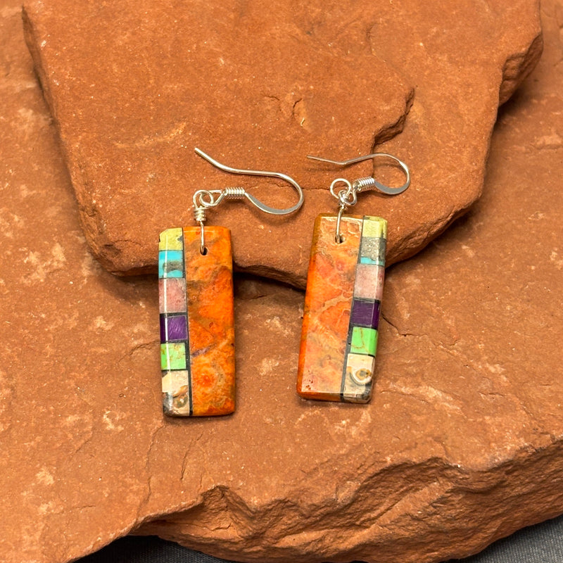 Mary Tafoya, Kewa (Santo Domingo) Pueblo, Native American Multi-Stone Mosaic Dangle Earrings   (5/246)