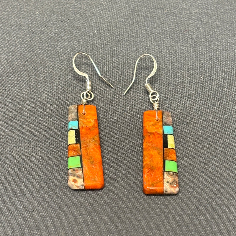 Mary Tafoya, Kewa (Santo Domingo) Pueblo, Native American Multi-Stone Mosaic Dangle Earrings   (5/241)