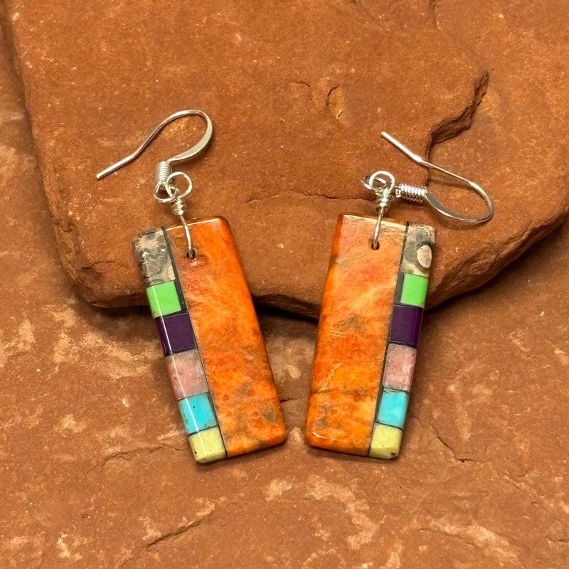 Mary Tafoya, Kewa (Santo Domingo) Pueblo, Native American Multi-Stone Mosaic Dangle Earrings   (5/258)