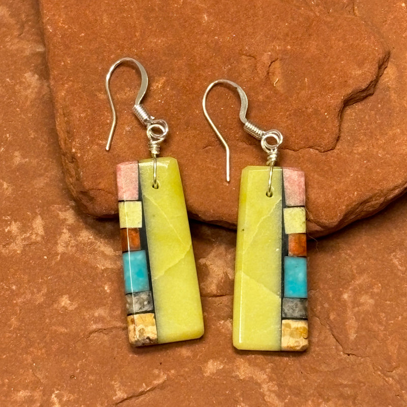 Mary Tafoya, Kewa (Santo Domingo) Pueblo, Native American Multi-Stone Mosaic Dangle Earrings   (5/239)