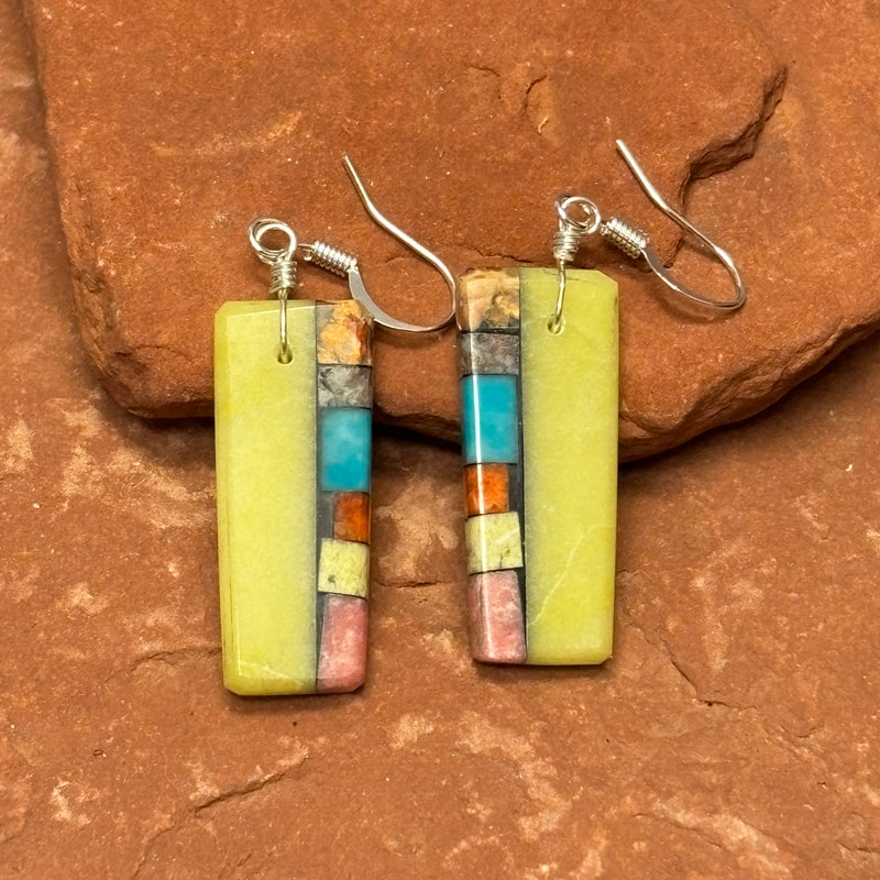 Mary Tafoya, Kewa (Santo Domingo) Pueblo, Native American Multi-Stone Mosaic Dangle Earrings   (5/238)
