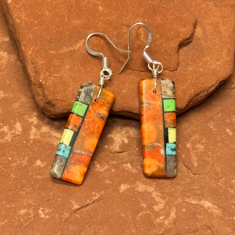 Mary Tafoya, Kewa (Santo Domingo) Pueblo, Native American Multi-Stone Mosaic Dangle Earrings   (5/257)