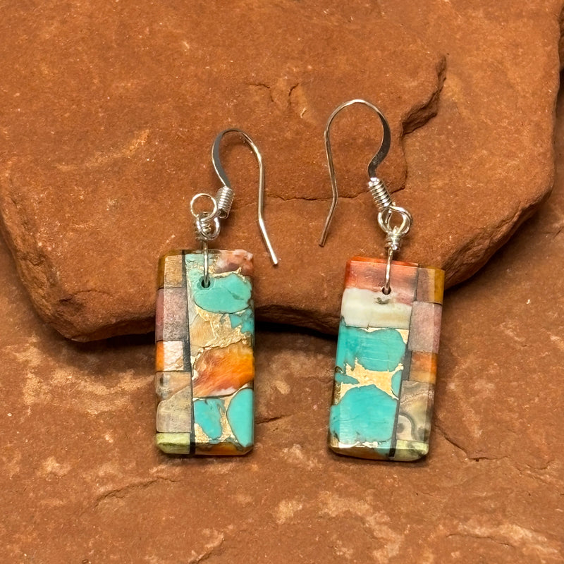Mary Tafoya, Kewa (Santo Domingo) Pueblo, Native American Turquoise Mosaic Dangle Earrings   (5/247)