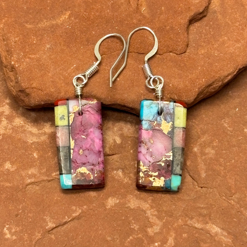 Mary Tafoya, Kewa (Santo Domingo) Pueblo, Native American Multi-Stone Mosaic Dangle Earrings   (5/245)