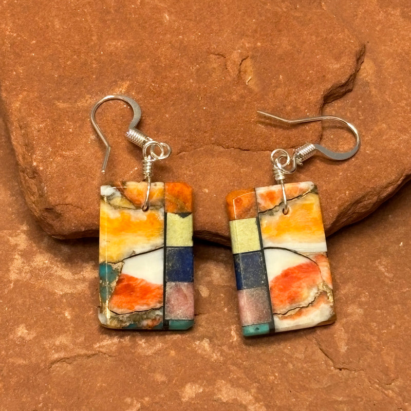 Mary Tafoya, Kewa (Santo Domingo) Pueblo, Native American Multi-Stone Mosaic Dangle Earrings   (5/244)