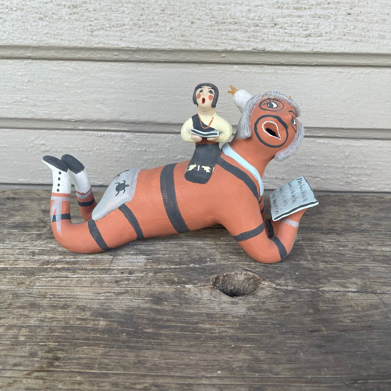 Chris Fragua, Jemez Pueblo Clay Storyteller Sculpture-Koshare Figure Clown and Child Reading Books, authentic Native American   (AR3)