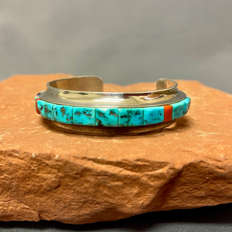 Larry Begay, Navajo Multi-Stone Cobblestone Inlay Sterling Silver Cuff, authentic Native American (SS8)