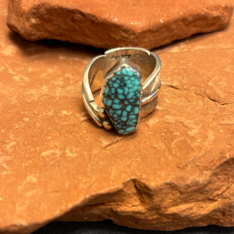 Royce "Eagle Boy" Kohlmeyer, Jemez Pueblo Sterling Silver and Turquoise Ring with Feather Shank, vintage Native American-size 8.5   (5/11)