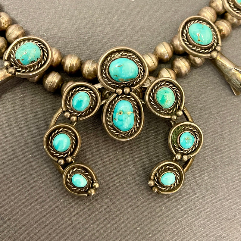 Vintage Navajo Squash Blossom Necklace with Turquoise Stones, authentic Native American  (6/32)