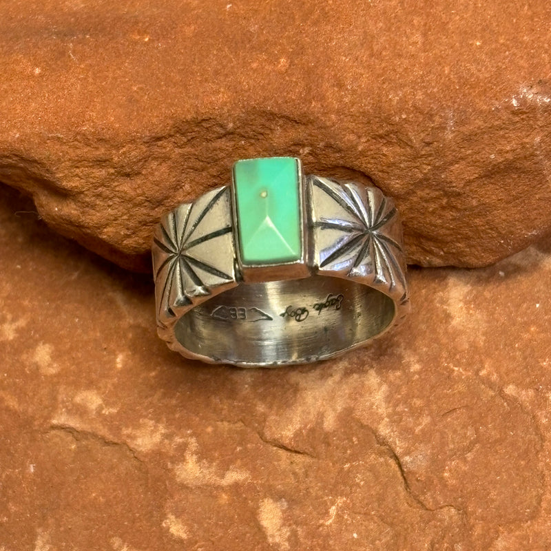Royce "Eagle Boy" Kohlmeyer, Jemez Pueblo Sterling Silver and Turquoise Wide Band Ring, vintage Native American-size 8.5   (5/153)